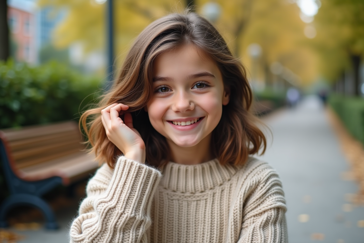 Jeune fille souriante avec coupe wavy en parc urbain