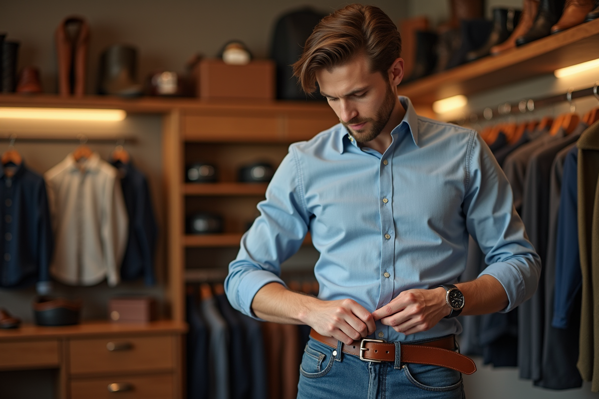 Jeune homme ajustant une ceinture en boutique de mode
