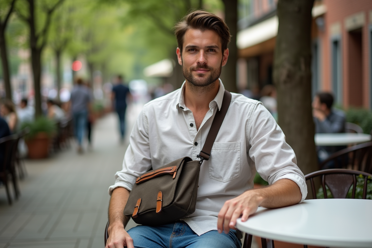 Jeune homme assis avec sac bandouliere en plein air