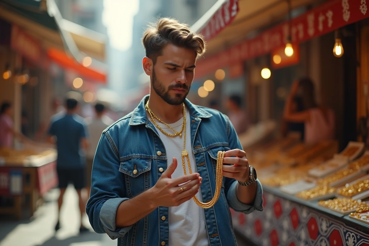 Jeune homme comparant des chaînes en or dans un marché urbain
