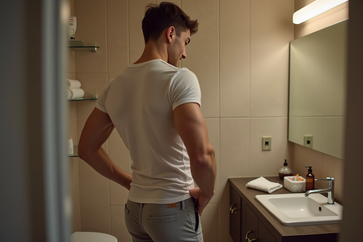 Jeune homme ajustant son pantalon dans une salle de bain domestique