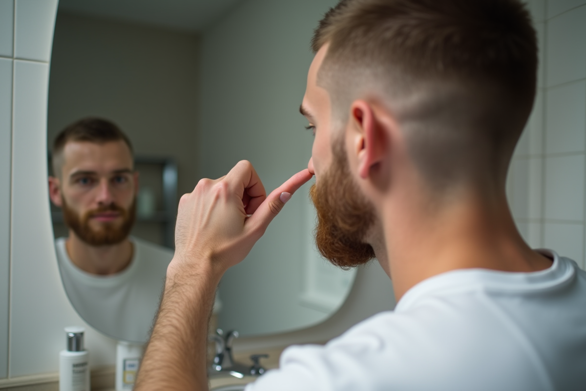 Jeune homme se regardant dans un miroir de salle de bain