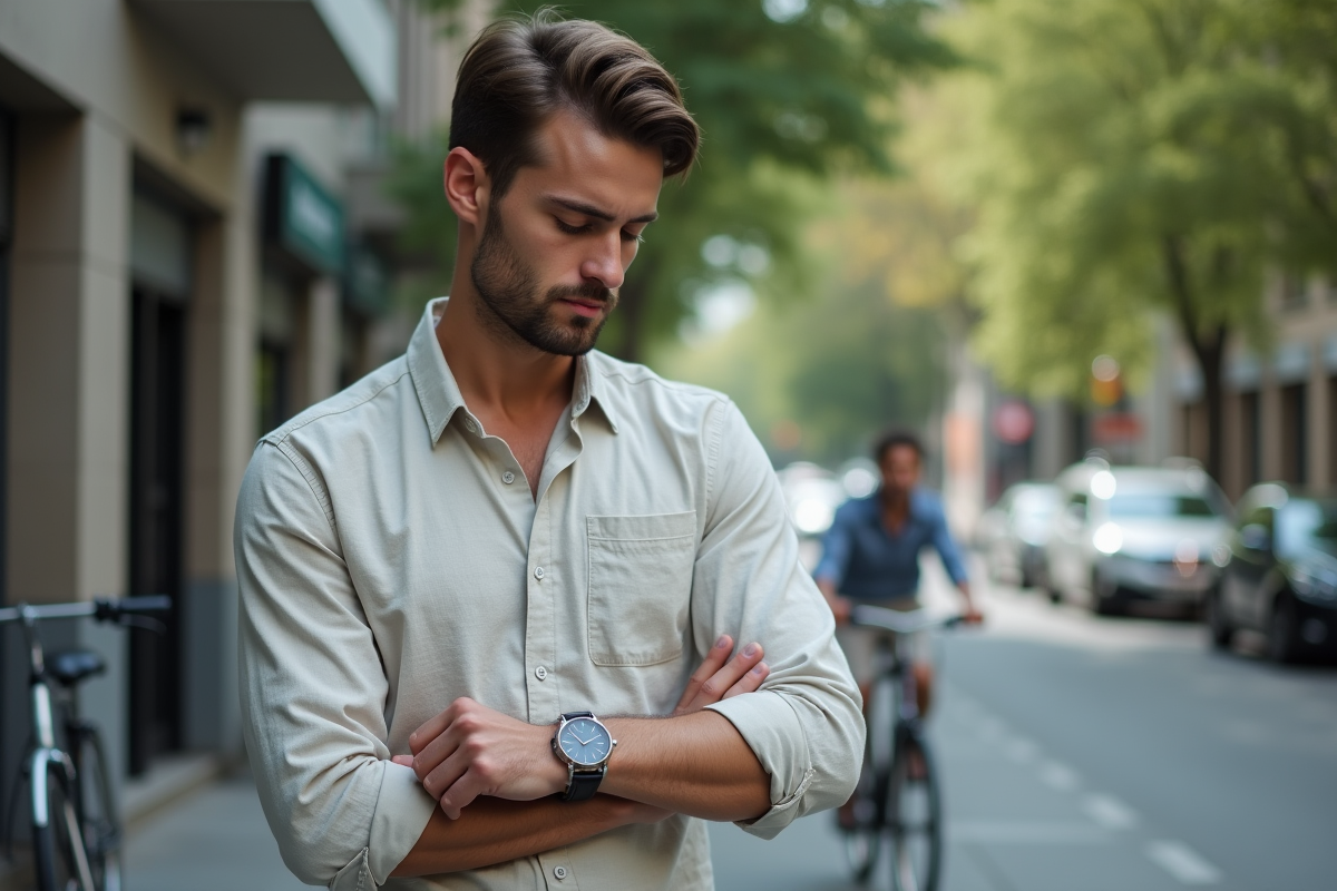 Jeune homme ajustant sa montre en ville en extérieur