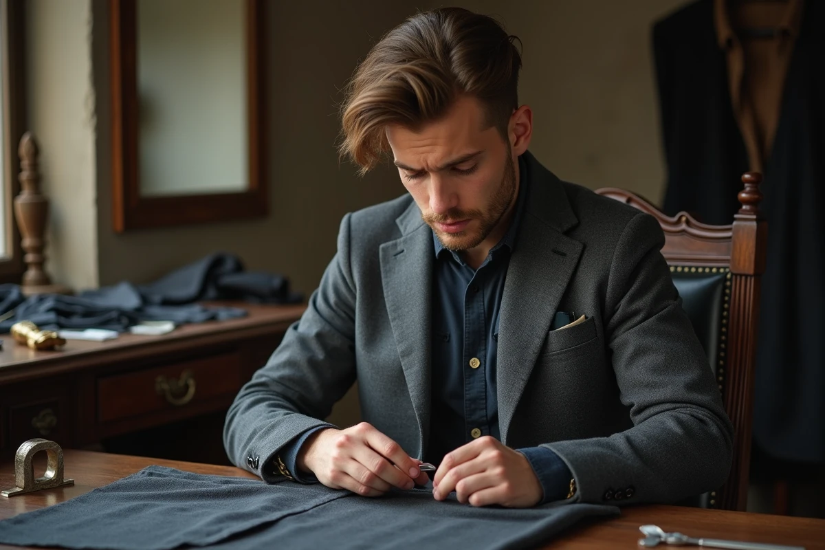 Jeune homme en train de réparer une poche de manteau