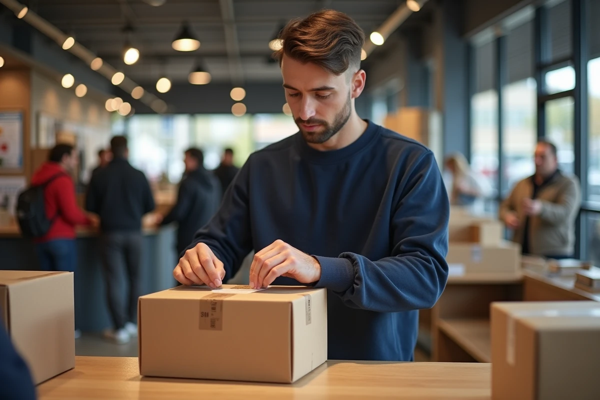 Jeune homme scellant un colis dans un point relais