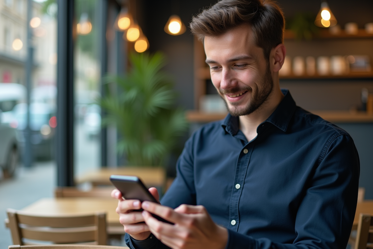 Jeune homme lisant des avis en ligne avec son smartphone