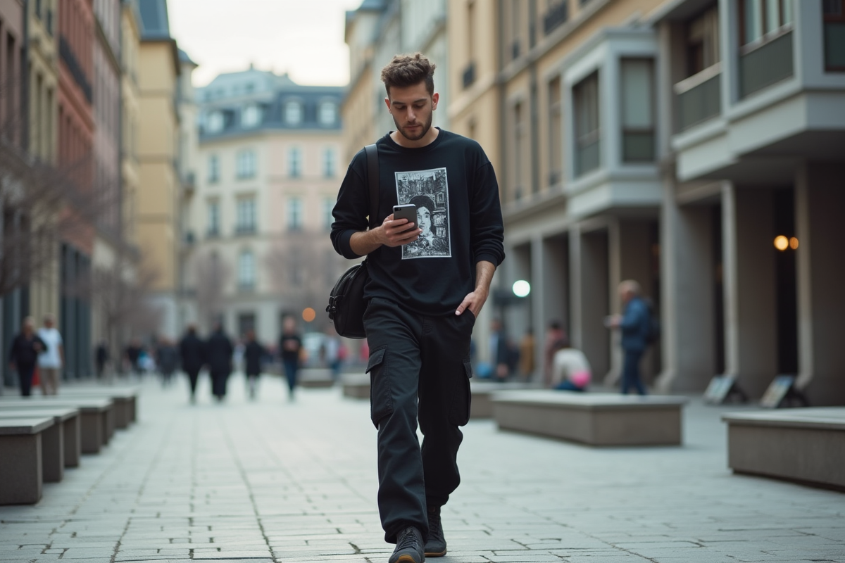 Jeune homme en streetwear dans une place urbaine