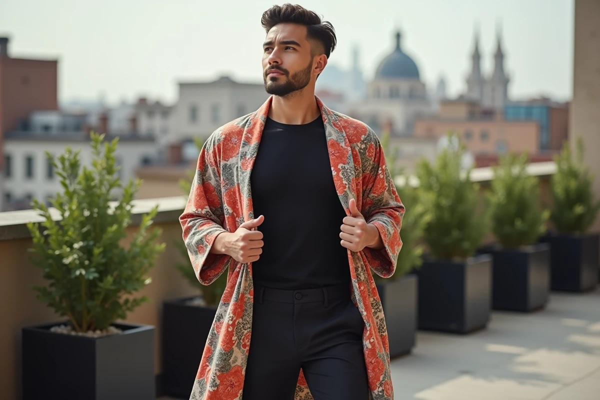 Jeune homme en robe florale dans un cadre urbain