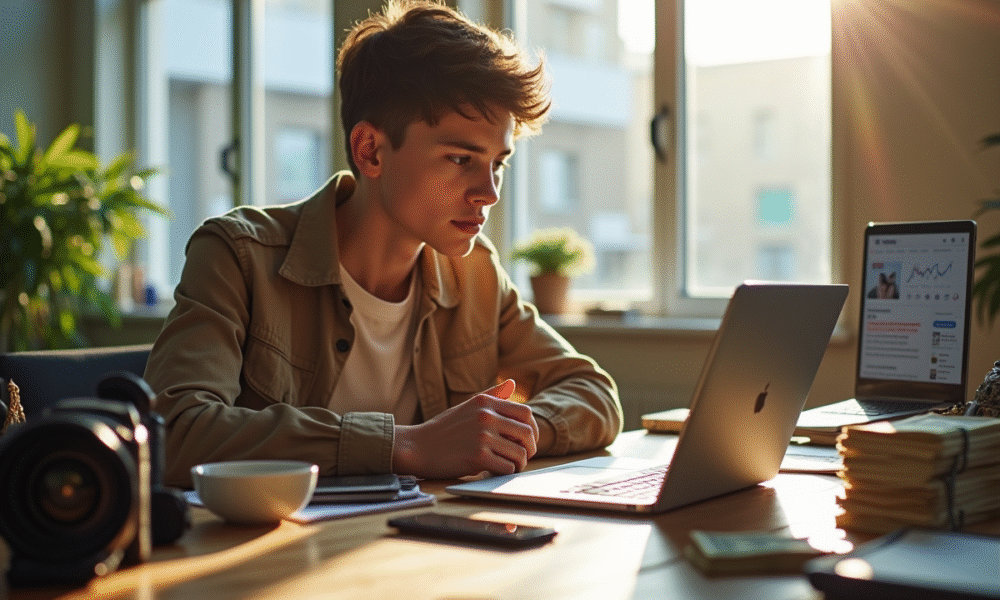 Jeune influenceur dans un espace lumineux avec smartphones et analytics
