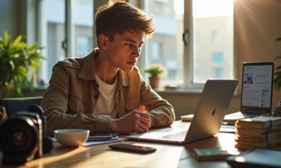Jeune influenceur dans un espace lumineux avec smartphones et analytics