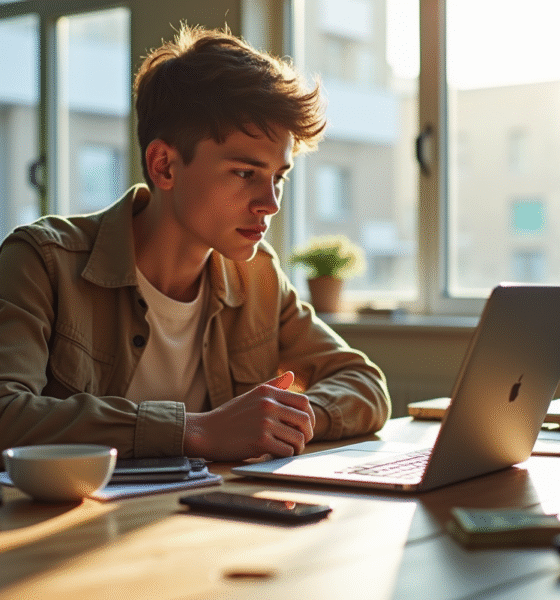 Jeune influenceur dans un espace lumineux avec smartphones et analytics