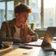 Jeune influenceur dans un espace lumineux avec smartphones et analytics