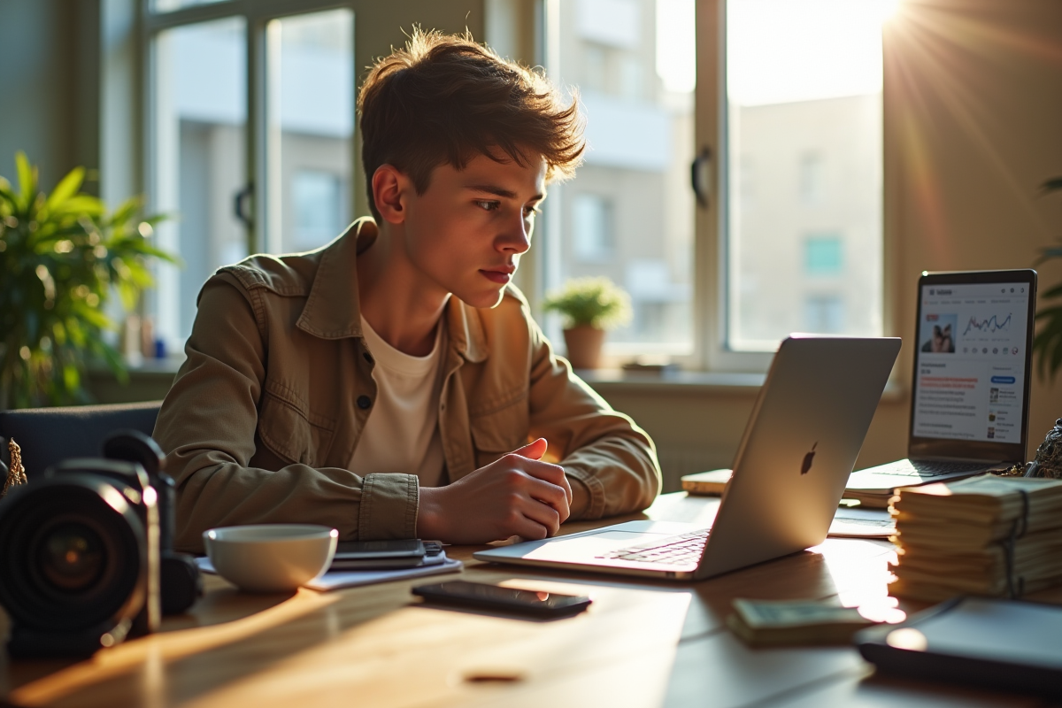 Jeune influenceur dans un espace lumineux avec smartphones et analytics