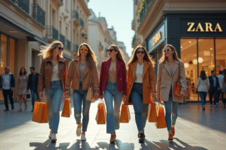 Groupe de jeunes adultes faisant du shopping devant Zara en ville