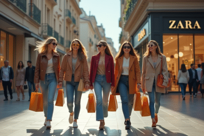 Groupe de jeunes adultes faisant du shopping devant Zara en ville