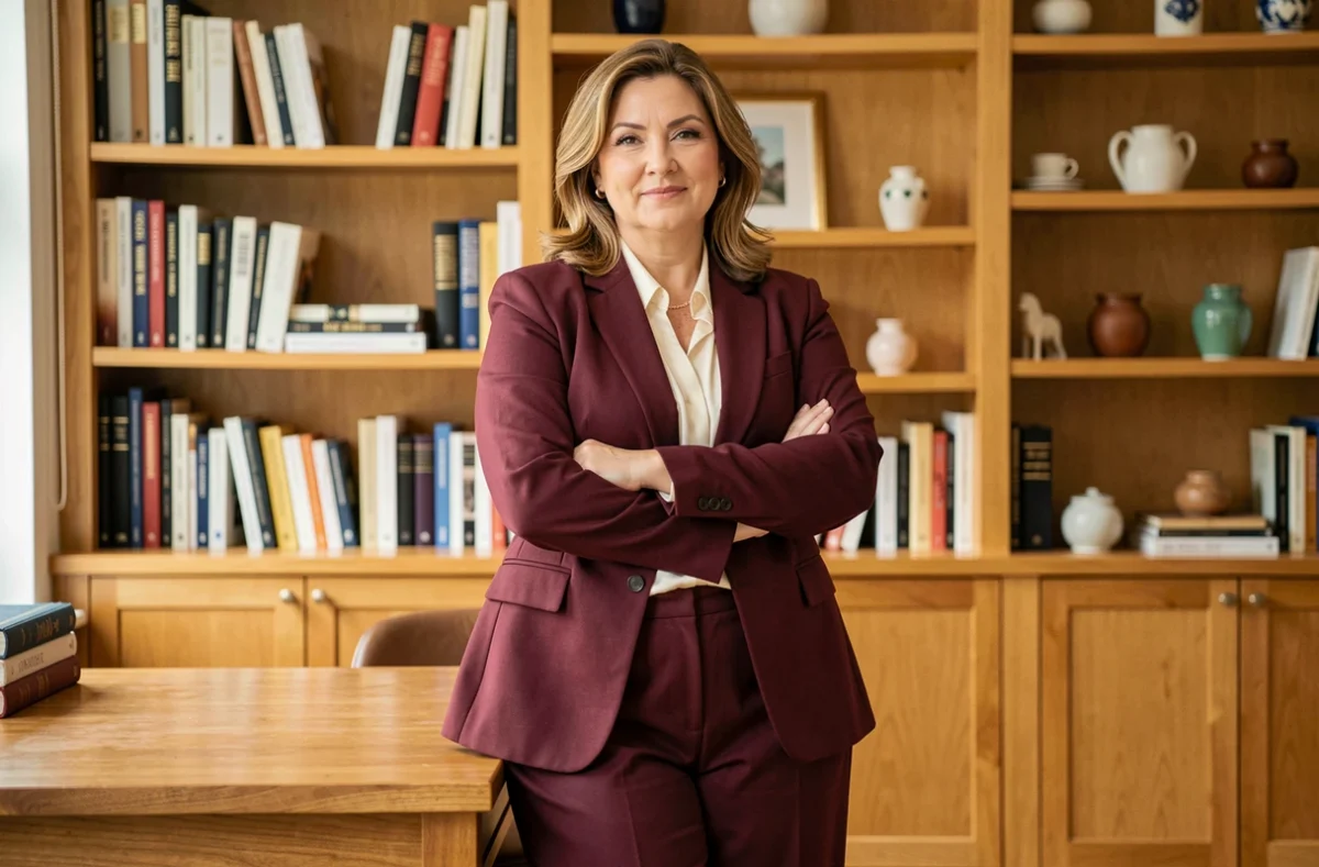 Femme grande taille en blazer bordeaux structuré JOHANNA Paris dans un bureau élégant à la décoration parisienne