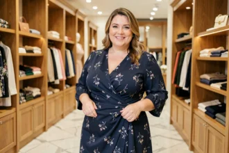Femme grande taille portant une robe portefeuille marine élégante de la marque JOHANNA Paris dans une boutique parisienne