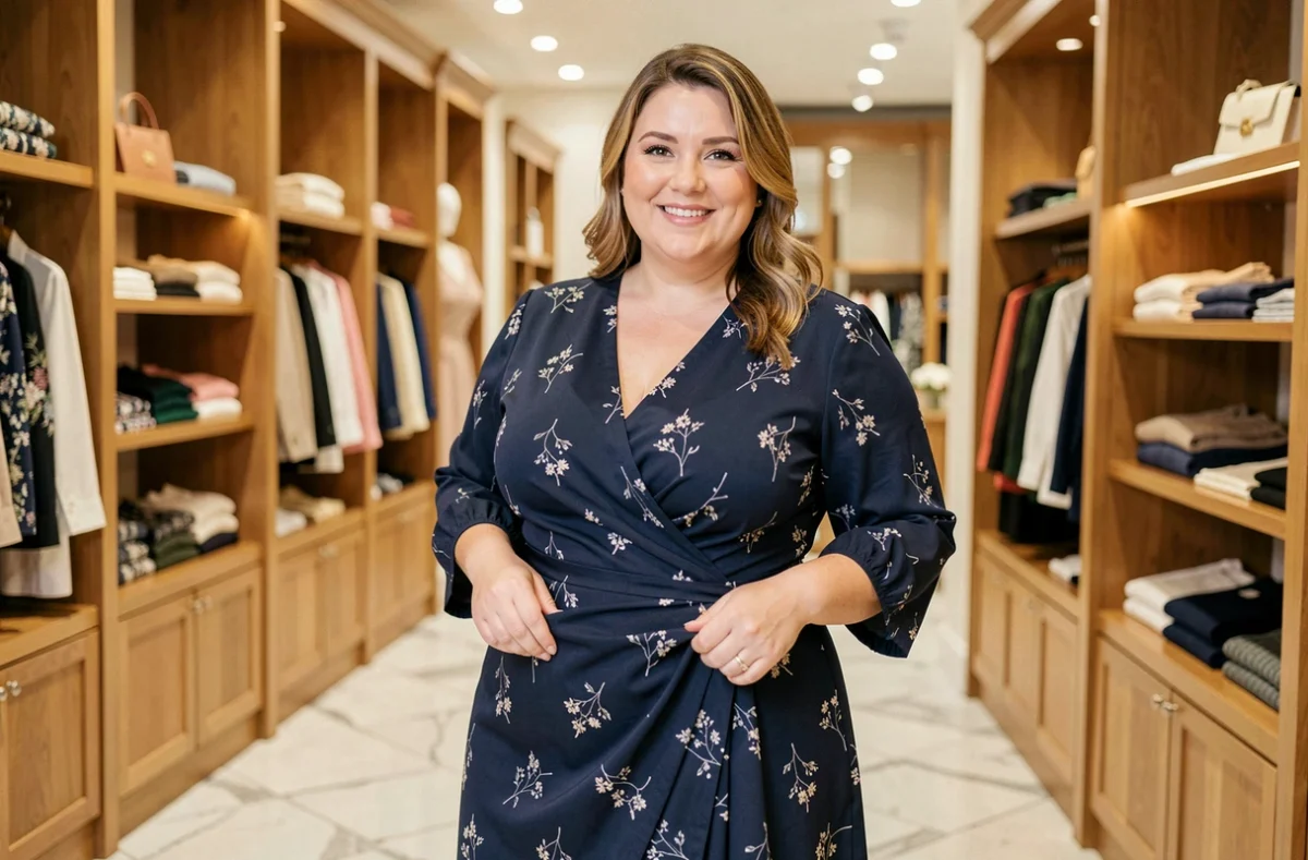 Femme grande taille portant une robe portefeuille marine élégante de la marque JOHANNA Paris dans une boutique parisienne