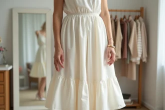 Femme portant une robe mi-longue ivoire sur un jupon blanc visible à l'ourlet dans un dressing lumineux