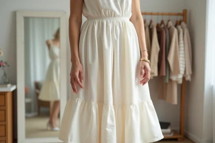 Femme portant une robe mi-longue ivoire sur un jupon blanc visible à l'ourlet dans un dressing lumineux
