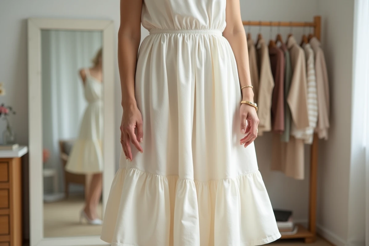 Femme portant une robe mi-longue ivoire sur un jupon blanc visible à l'ourlet dans un dressing lumineux
