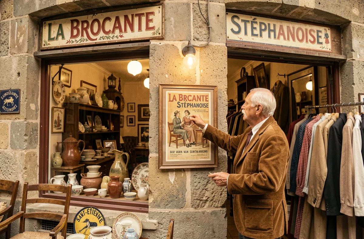 La Brocante Stéphanoise avec ses meubles vintage, ses enseignes émaillées et ses vêtements d'époque dans un décor authentiquement français