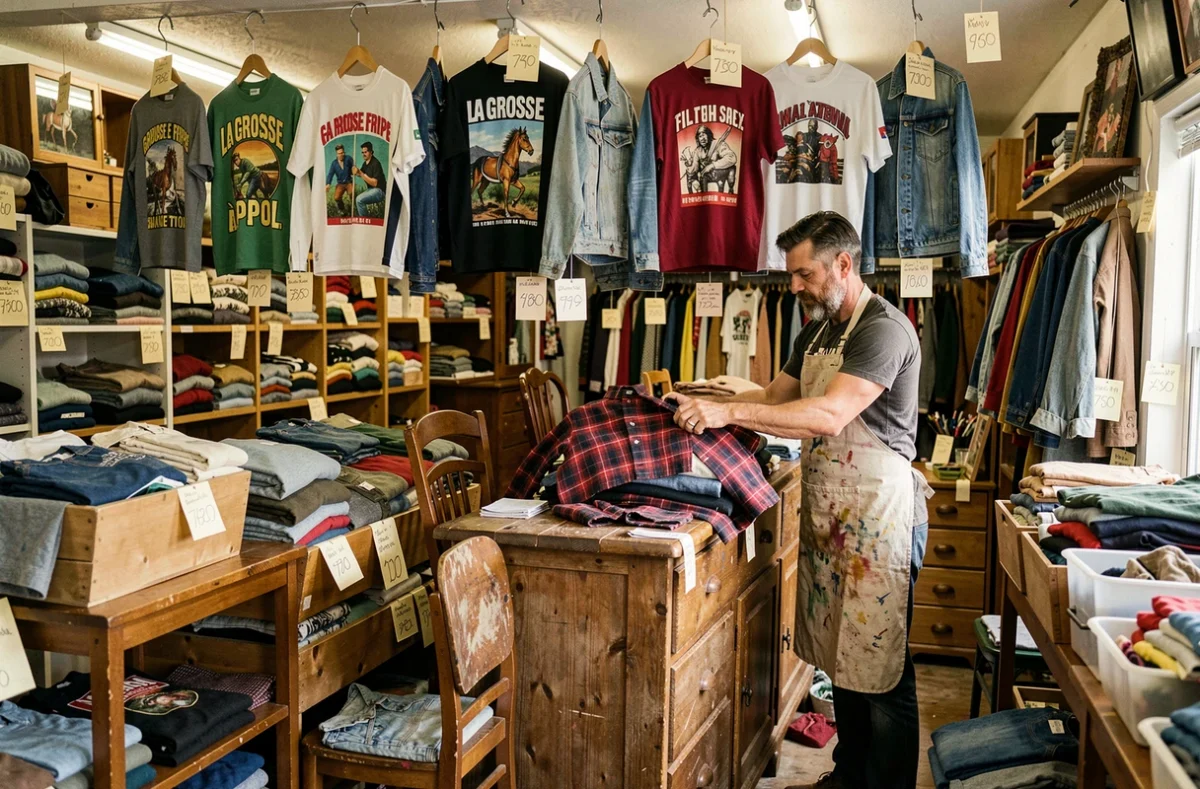 Boutique La Grosse Fripe à Popol avec des vêtements entassés, des étiquettes manuscrites et une ambiance de brocante généreuse