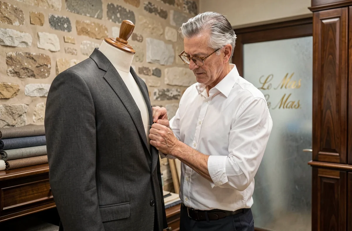 Tailleur sur mesure au Mans dans son atelier cousant à la main le revers d'un costume en laine gris anthracite