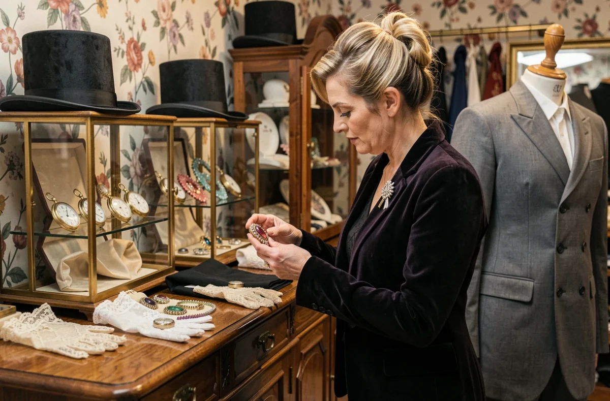 Boutique Le Lapin aux Guêtres avec des accessoires victoriens, des chapeaux hauts-de-forme et une décoration raffinée et excentrique