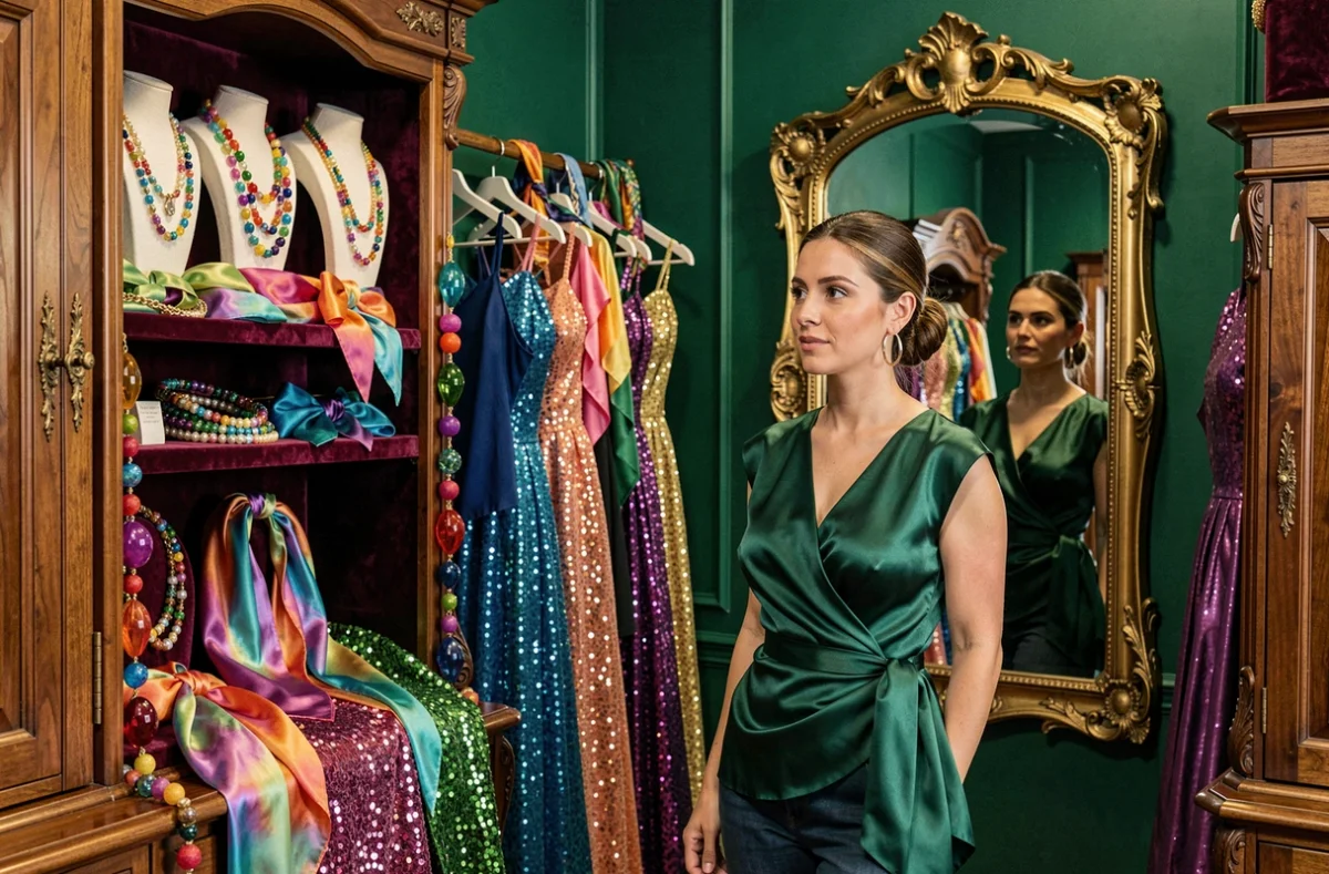 Boutique Les Chatoyantes avec des robes à paillettes, des soieries colorées et une décoration aux teintes profondes et chatoyantes
