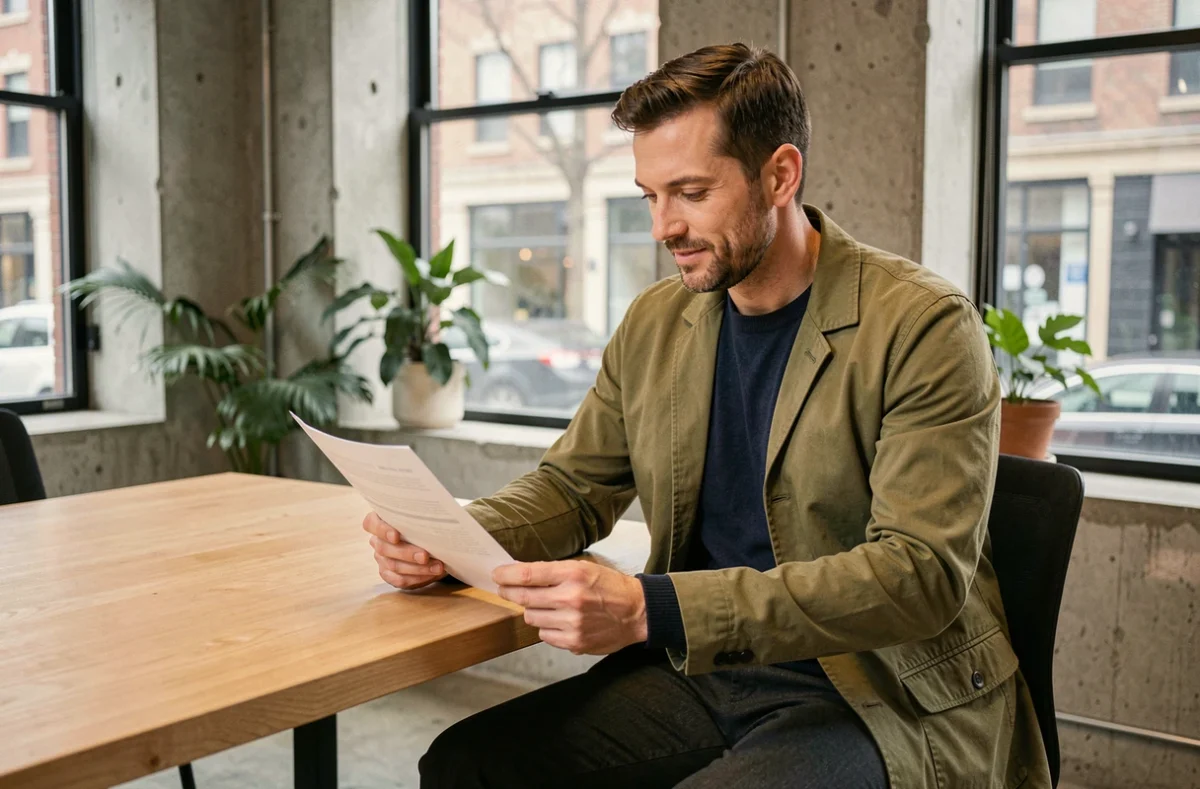Homme en veste kaki et pull marine assis dans un espace de coworking, combinaison de couleurs vert kaki et bleu marine pour le bureau
