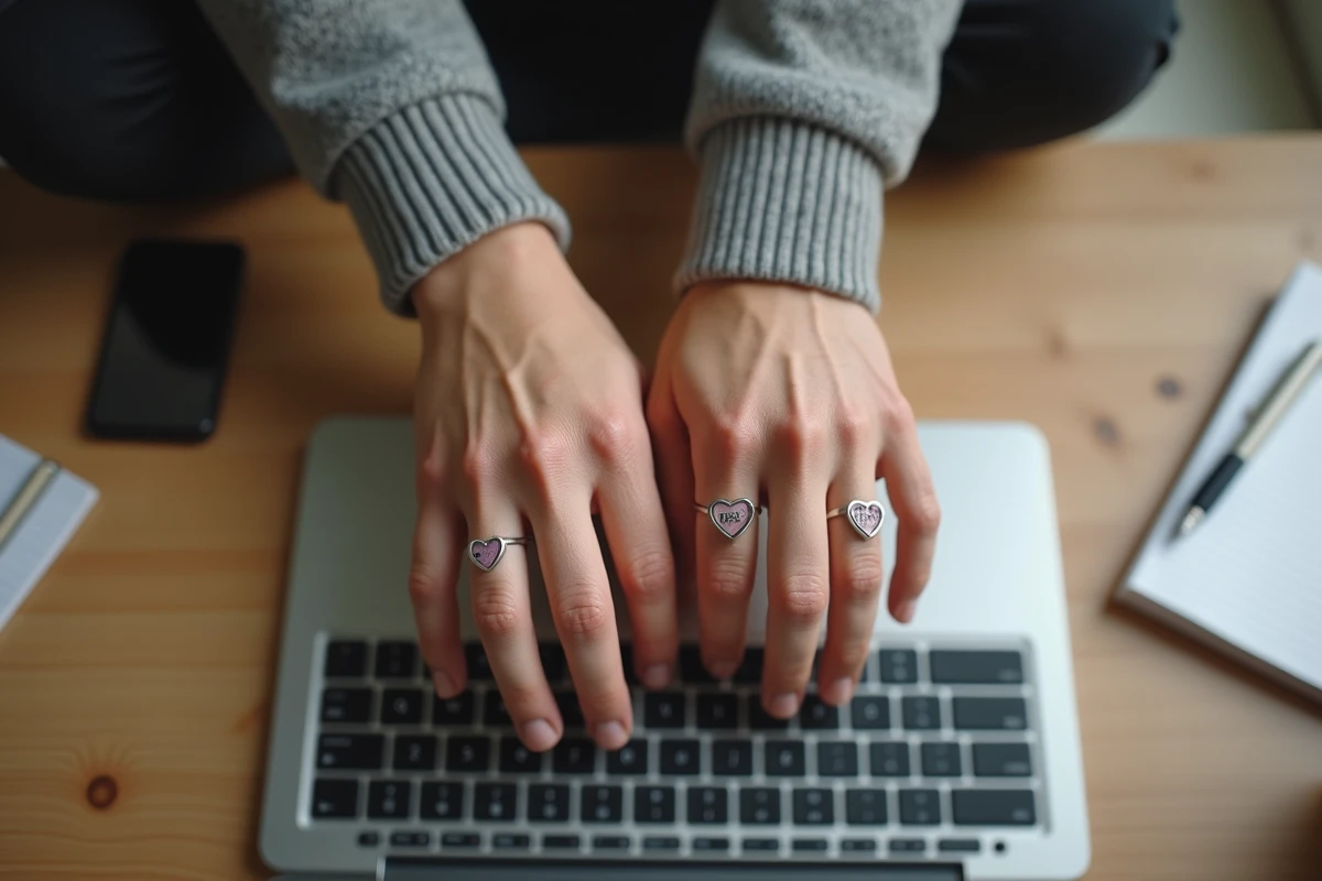 Mains d’un jeune homme et d’une jeune femme portant des bagues cœur BFF sur un bureau