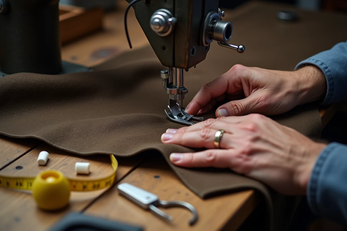 Gros plan sur les mains d'un tailleur réalisant un ourlet de pantalon à la machine à coudre