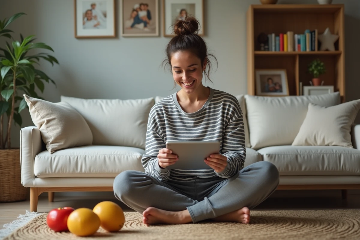 Maman assise sur le canapé du salon qui partage des articles sur sa tablette entourée de jouets d'enfants