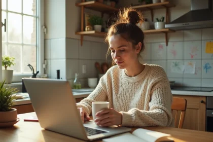 Maman débordée qui blogue sur son ordinateur portable à la table de cuisine avec un café le matin