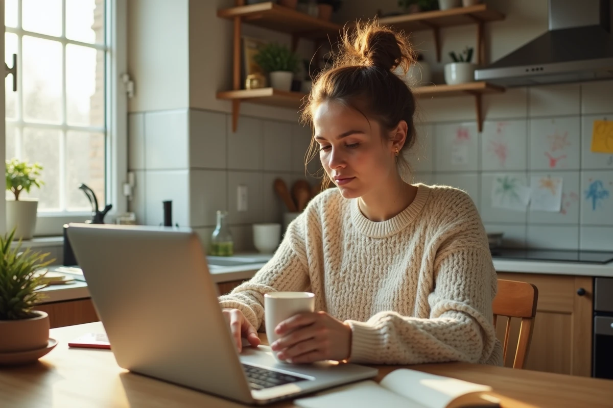 Maman débordée qui blogue sur son ordinateur portable à la table de cuisine avec un café le matin