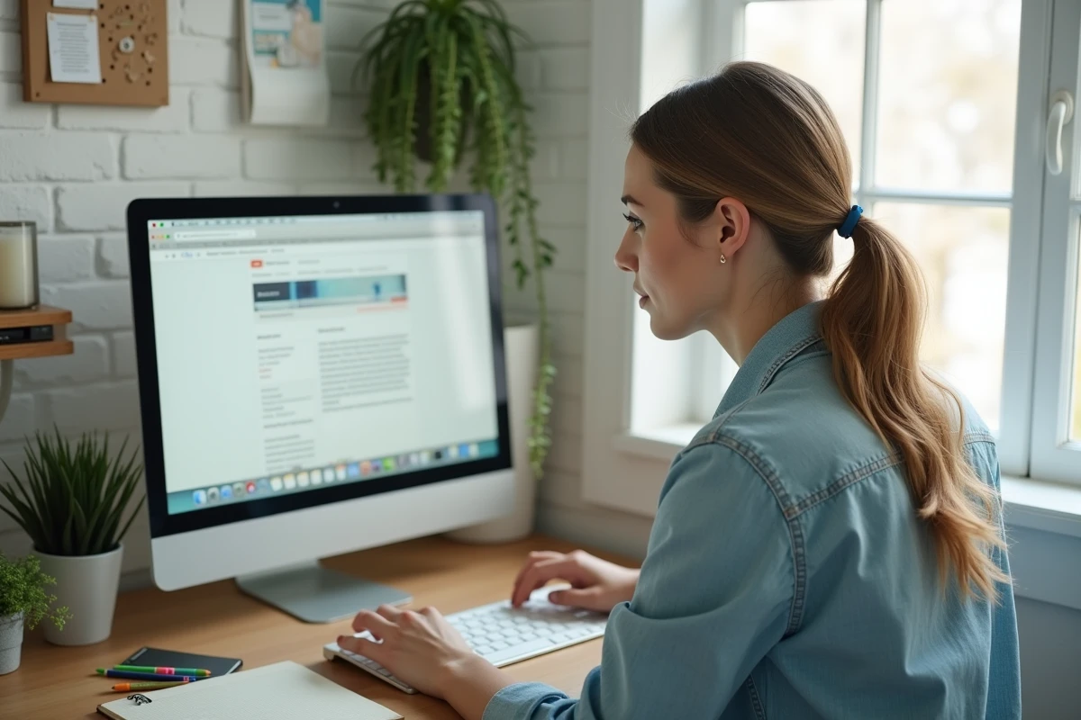 Maman concentrée dans son coin bureau à domicile qui gère son blogue sur ordinateur