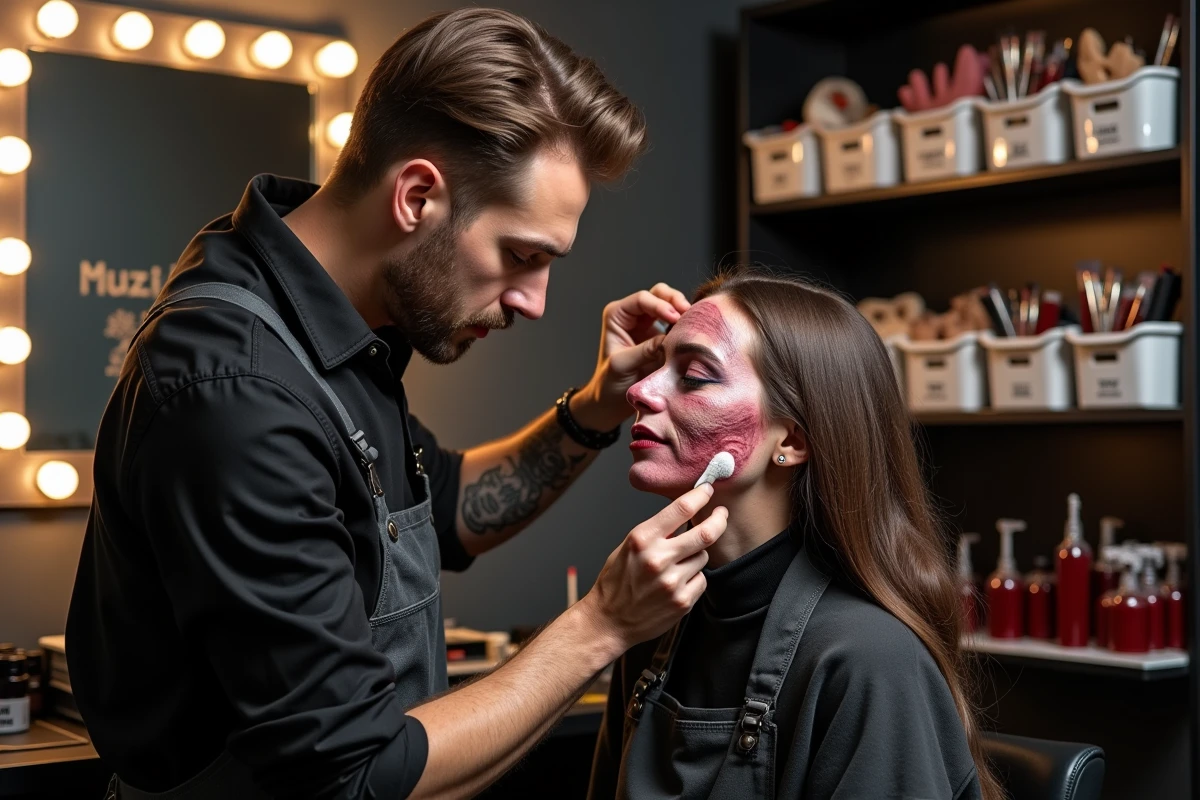 Maquilleur professionnel appliquant un maquillage Halloween avec prothèses sur une cliente dans un studio de maquillage spécialisé à Paris