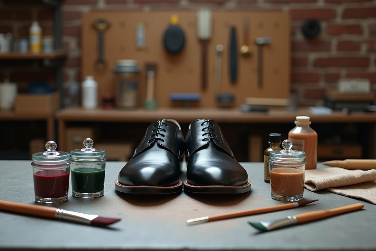 Matériaux pour peindre des chaussures en cuir : pinceaux, peintures et produits de préparation sur établi