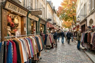 Vue d'ensemble d'une rue de friperies dans la Loire avec des vêtements vintage exposés sur des portants colorés