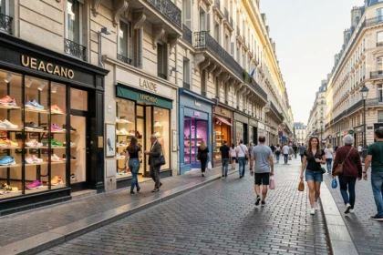 Vue d'ensemble d'une rue commerçante de Lyon avec plusieurs vitrines de magasins de baskets