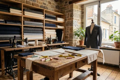 Atelier de tailleur traditionnel dans les Pays de la Loire avec machines à coudre vintage, tissus empilés et table de coupe en bois