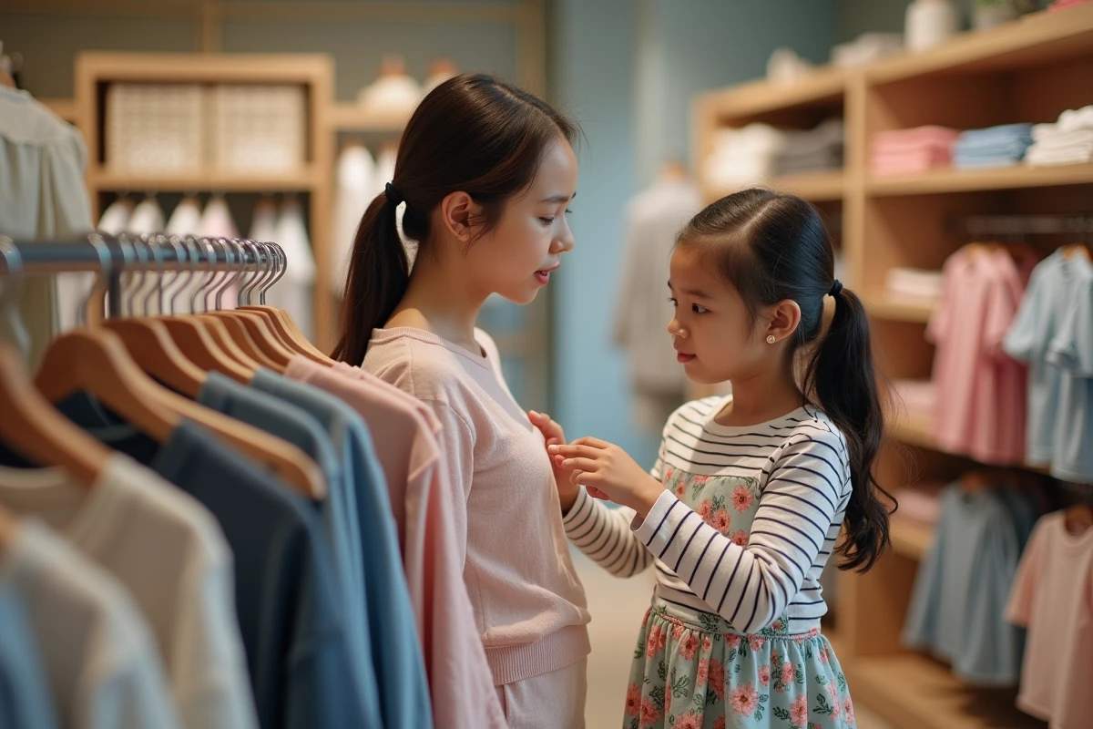 Mère et fille vérifiant une étiquette de taille 116 dans un magasin de vêtements pour enfants avant la rentrée scolaire