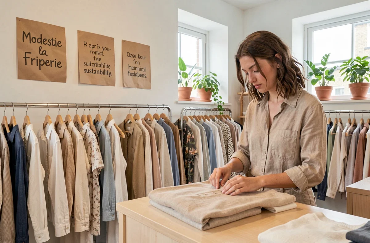 Intérieur épuré de Modestie la Friperie avec des vêtements soigneusement sélectionnés et une déco éco-responsable minimaliste