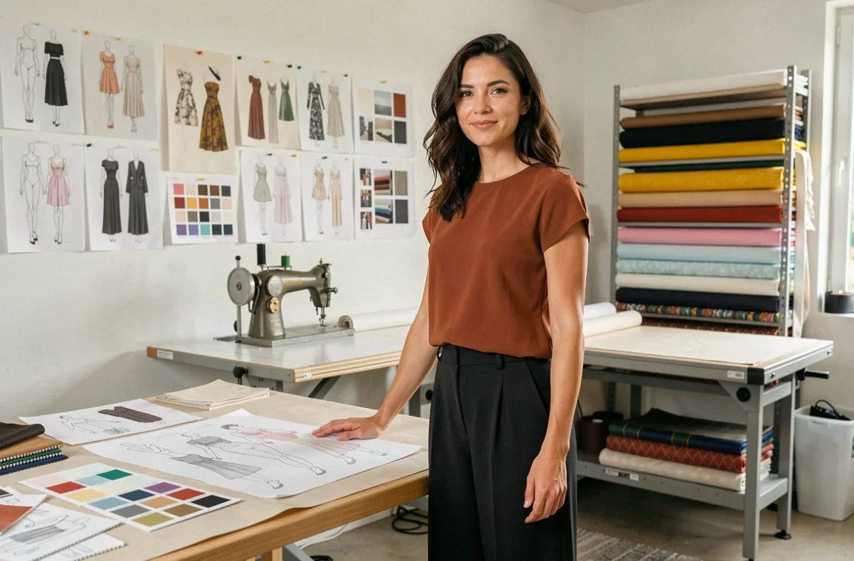 Créatrice de mode Cisternas Eliena de Modplus dans son studio des Pays de la Loire entourée de croquis et d'échantillons de tissu
