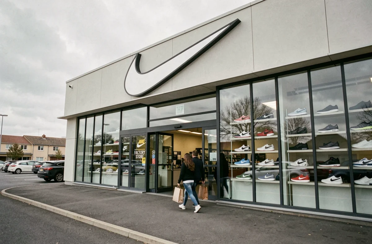 Façade extérieure du Nike Factory Store avec vitrine de baskets en promotion et clients à l'entrée