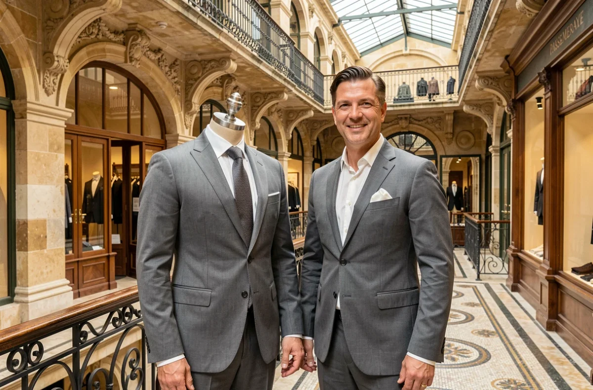 Conseiller en costume des Nouveaux Ateliers dans le Passage Pommeraye à Nantes avec un costume sur mesure exposé sur un mannequin