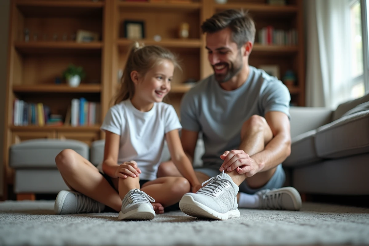 Père et fille comparant des chaussures dans le salon