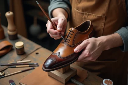 Artisan appliquant de la peinture acrylique sur une chaussure Oxford en cuir dans un atelier de cordonnerie