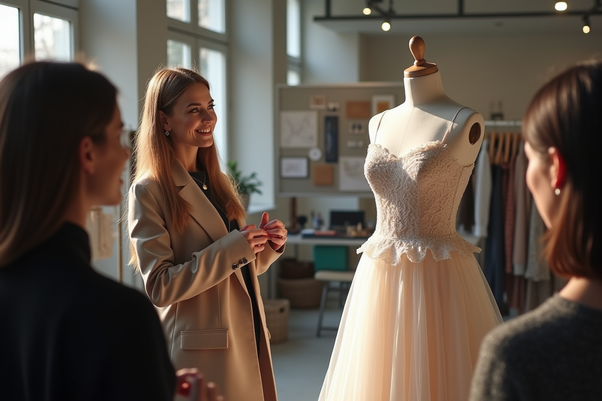 Créateur présentant une robe finie sur un mannequin dans un espace lumineux